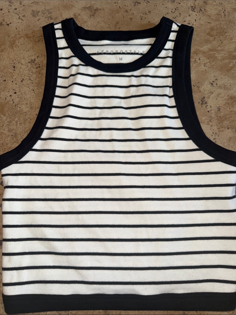 Aeropostale White and Black Striped Ribbed Tank Top
